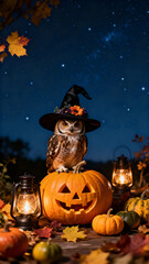 Owl in a Wizard Hat Perches on a Pumpkin with a Background of Stars and Autumn Leaves, Creating a Cozy Halloween Atmosphere.Generated by AI
