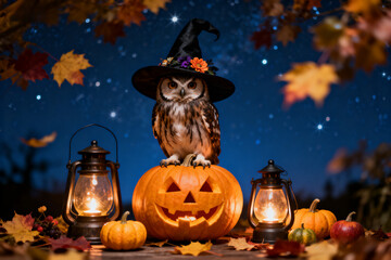 Owl in a Wizard Hat Perches on a Pumpkin with a Background of Stars and Autumn Leaves, Creating a Cozy Halloween Atmosphere.Generated by AI
