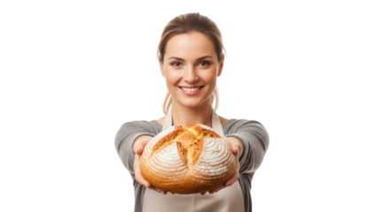 Smiling woman holding a loaf of bread isolated on transparent background