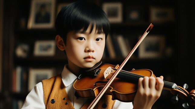 young boy intently practicing violin in a classically decorated antique room | education, music, childhood, hobby, art theme - Powered by Adobe