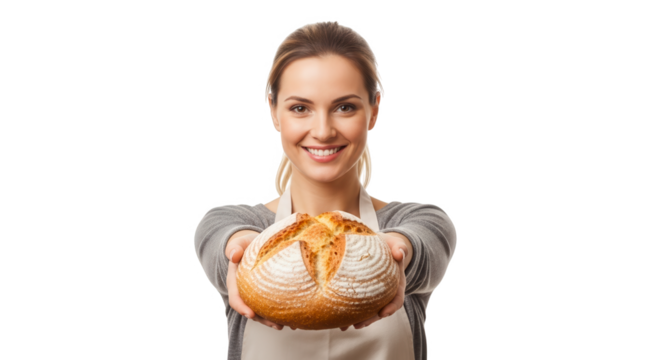 Smiling woman holding a loaf of bread isolated on transparent background - Powered by Adobe