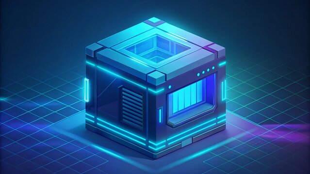 Futuristic HUD interface or technology box in blue vector style. Glowing neon blue lines, digital panels, holographic screens, circuit patterns, high-tech UI elements, modern sci-fi design.