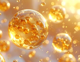 Golden molecules in bubbles. Abstract scientific backdrop