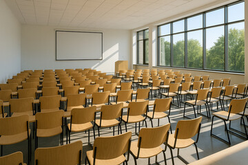 Bright Sunlit Lecture Hall with Wooden Chairs and Large Windows