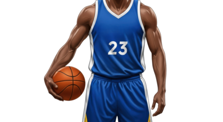 A muscular basketball player in a blue jersey with the number 23, holding a basketball, poised for action against a white background.