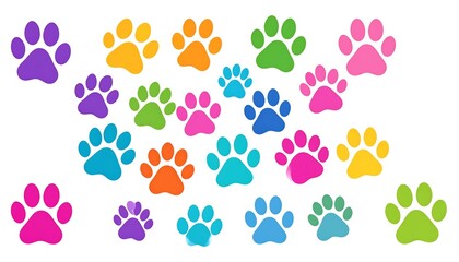 A vibrant collection of colorful paw prints arranged on a clean white background, showing various sizes