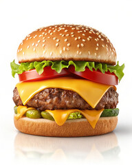 Classic Cheeseburger with Melted Cheese and Fresh Toppings on a Sesame Seed Bun.
