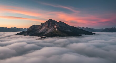 Mountain peak emerging from clouds under colorful sunset sky landscape