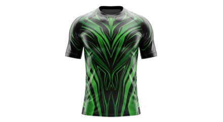 A vibrant green and black abstract patterned short-sleeved sports jersey displayed against a white background, showcasing its dynamic design.