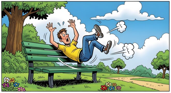 Cartoon illustration of a surprised man having an accident and falling backwards off a park bench
