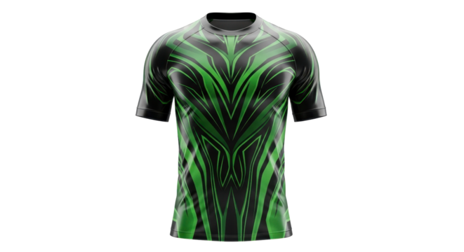A vibrant green and black abstract patterned short-sleeved sports jersey displayed against a white background, showcasing its dynamic design.