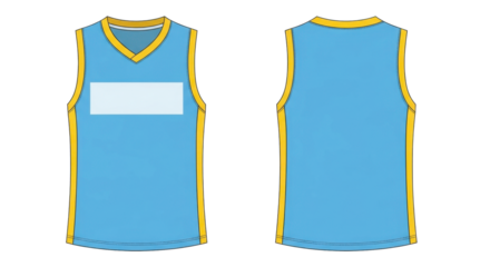 Front and back view of a light blue sleeveless athletic jersey with yellow trim, featuring a blank rectangular space for customization on the chest.