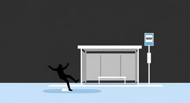 Silhouette of a person having a slip and fall accident on an icy or wet patch at a deserted bus stop, symbolizing unforeseen danger and public safety hazards