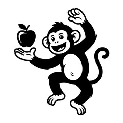 a simple black and white 2d illustration of a monkey throwing an apple towards the viewer