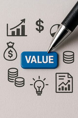 A pen pointing to the word VALUE with related financial icons surrounding. 
