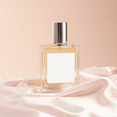 a glass perfume bottle with a minimalist white label, placed on a pastel‑colored satin fabric, soft diffused lighting, 8 k, modern, “beauty, product, clean, high resolution”