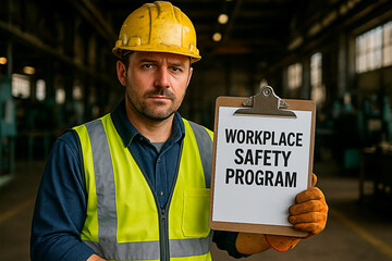 A worker in the industry holds a sign about the workplace safety program. 