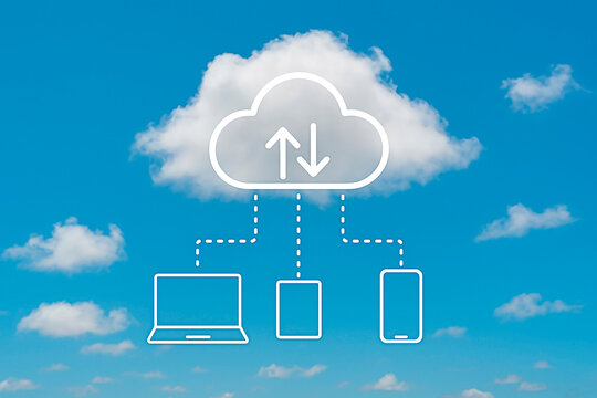 Cloud computing and data transfer concept with multiple devices in blue sky.  - Powered by Adobe