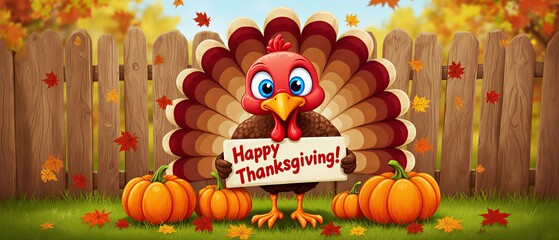 festive turkey with sign wishing happy thanksgiving surrounded by autumn leaves and pumpkins | holiday, greeting, seasonal, family, decor theme