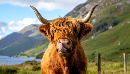 Highland cow licking its nose, mountains and lake background