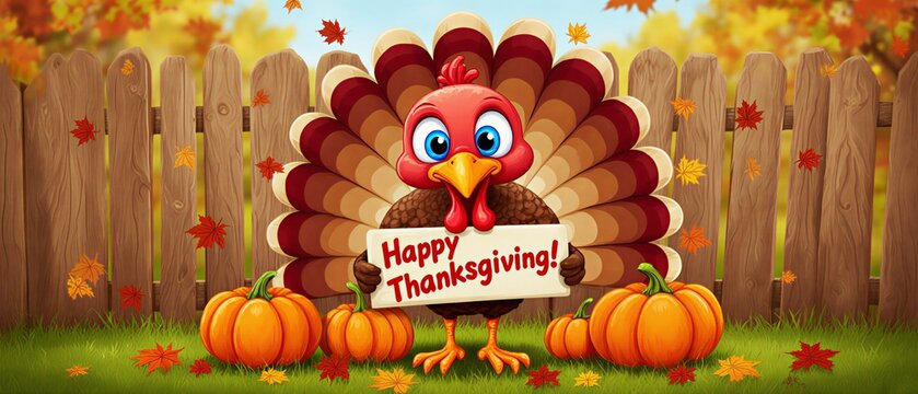 festive turkey with sign wishing happy thanksgiving surrounded by autumn leaves and pumpkins | holiday, greeting, seasonal, family, decor theme