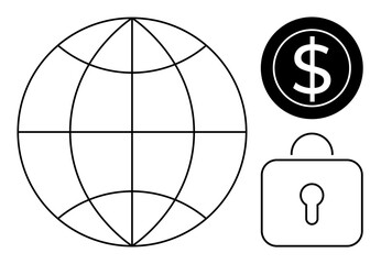 Globe, dollar sign, and lock representing global business, finance, and security. Ideal for economy, globalization, technology fintech investment safety and cyber protection. Simple flat metaphor