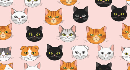 Obraz premium Cute cartoon cat faces in a seamless pattern. This happy vector illustration features various breeds and colors on a pink background