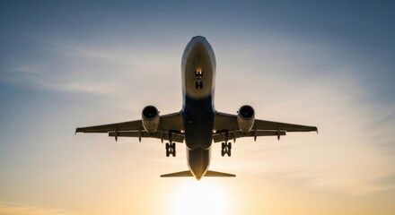 Commercial passenger jet airplane landing or taking off against sunset sky