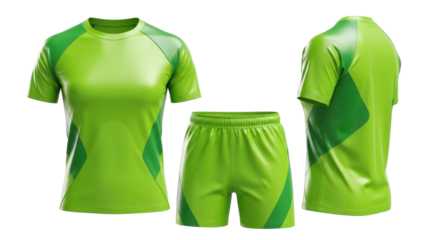 Vibrant green athletic uniform mockup featuring a short-sleeved t-shirt and matching shorts with a modern two-tone diagonal design, shown from multiple angles.
