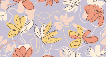 Modern seamless floral pattern, continuous line art flowers and abstract shapes. Soft lavender background with coral, yellow, and cream blocks