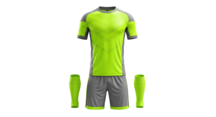 A bright green and grey soccer uniform consisting of a jersey, shorts, and socks, laid out against a white background.