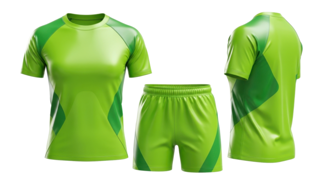 Vibrant green athletic uniform mockup featuring a short-sleeved t-shirt and matching shorts with a modern two-tone diagonal design, shown from multiple angles. - Powered by Adobe