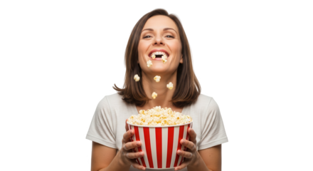 Woman eating popcorn isolated on transparent background