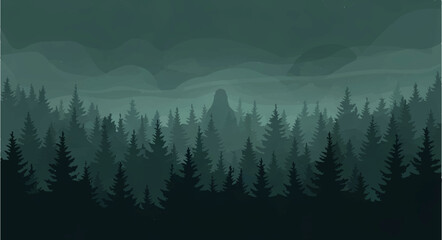 Fototapeta premium Pine trees stand in dark forest during foggy weather