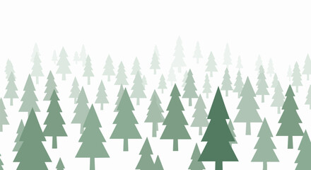 A minimalist illustration of a dense forest with green pine trees on a white background