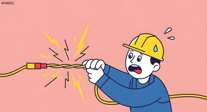 A shocked cartoon worker getting electrocuted by a faulty cable connection, a powerful visual concept for workplace safety and electrical hazards