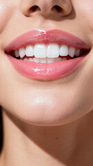 Close-up of a woman smiling warmly with bright, white teeth, showcasing natural joy, confidence, and radiant facial expression in soft, flattering light.Generated by AI
