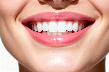 Close-up of a woman smiling warmly with bright, white teeth, showcasing natural joy, confidence, and radiant facial expression in soft, flattering light.Generated by AI
