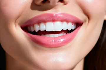 Close-up of a woman smiling warmly with bright, white teeth, showcasing natural joy, confidence, and radiant facial expression in soft, flattering light.Generated by AI
