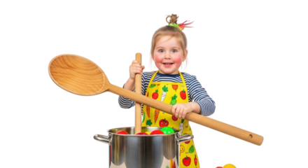 Happy little girl wearing an apron and chef hat playing with a large spoon and pot isolated on transparent background