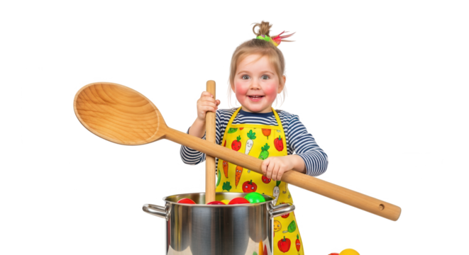 Happy little girl wearing an apron and chef hat playing with a large spoon and pot isolated on transparent background