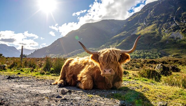 Highland cow resting in scenic mountains