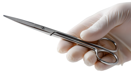 Professional hand wearing white medical glove precisely holds sharp surgical scissors ready for precise operation or delicate procedure