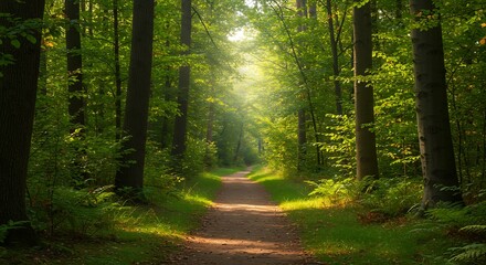 Pathway through lush forest with sunlight filtering through trees