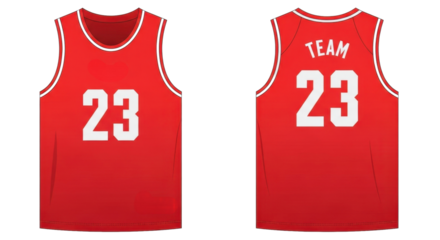 Front and back view of a red sleeveless basketball jersey with white trim, featuring the number 23 and 'TEAM' text.