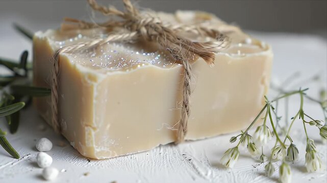 Handmade Natural Soap with Twine and Flowers on White Wooden Surface Spa Product Close Up