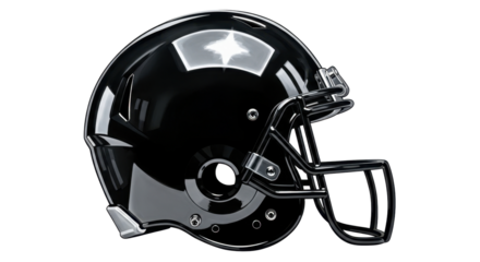 A glossy black American football helmet with a protective face mask, isolated on a clean white background.
