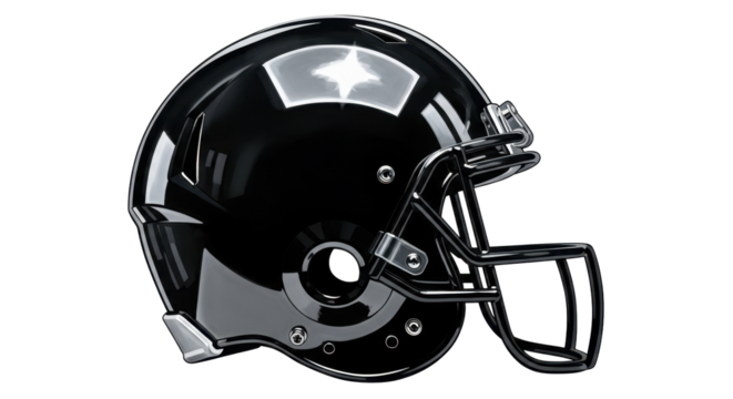 A glossy black American football helmet with a protective face mask, isolated on a clean white background.