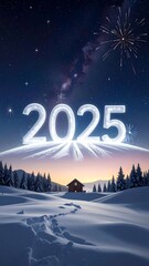 Snowy landscape at night with the new year 2025
