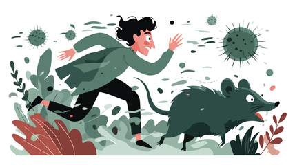 Frightened Man Escaping Rabies-Infected Animal - Vector Illustration